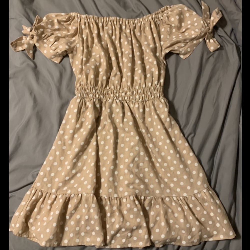 She + Sky Tan and White Polka Dotted Short Dress